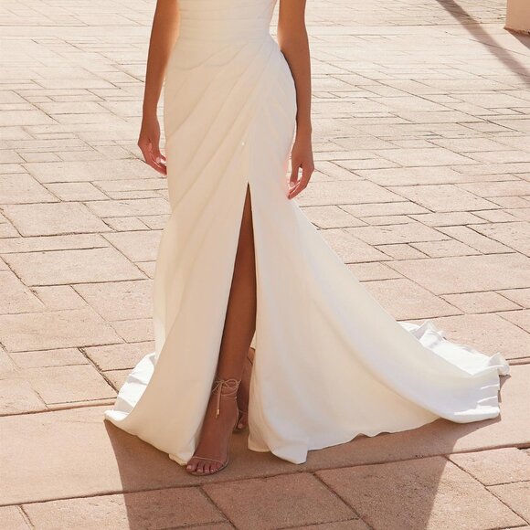 NEW OFF WHITE STRAPLESS SEATH DRESS W/ STRAIGHT ACROSS NECK & TRAIN NX JW1031 - Picture 9 of 12